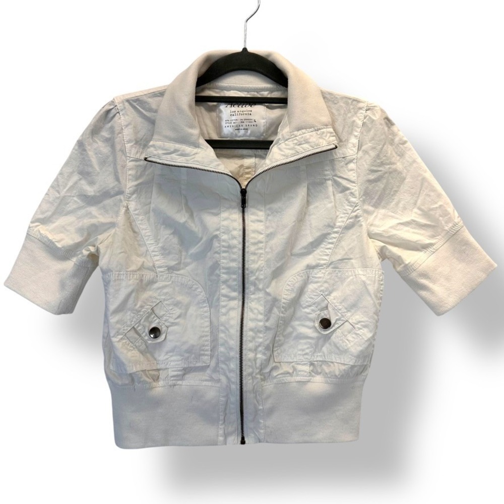 Kids Active USA White Cotton Blend Cropped Bomber Jacket SZ L Casual Lightweight